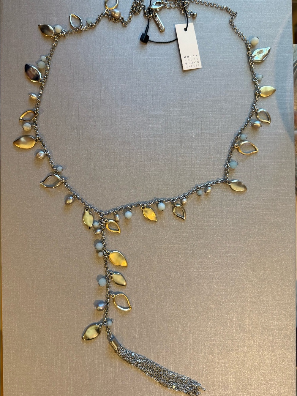 White House Black Market Gold & Silver Leaf Tassel Lariat Necklace